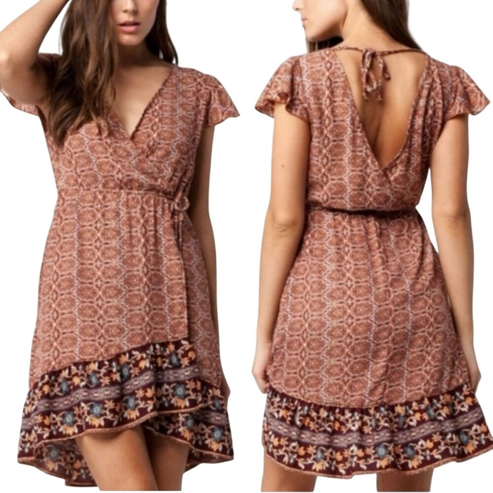 Y2K Boho Flutter Sleeve Faux Wrap Baby Doll Mini Dress Sz M‎ Ruffle Hem Brown